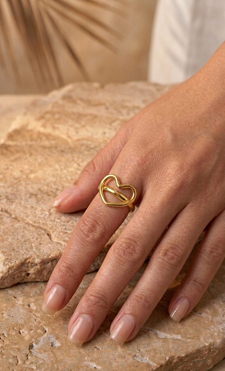 Bague cœur dorée portée à la main