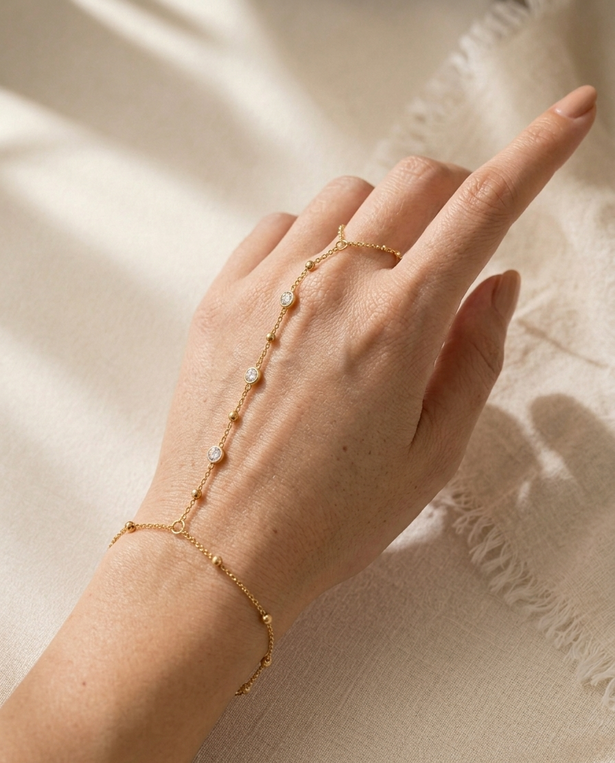 Bracelet Bague Doré — Chaîne Fine & Perles